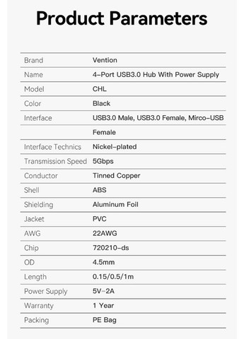 USB-хаб USB 3.0 на 5 портов c дополнительным питанием micro USB 0.15м (CHLBB) Vention (300524065)