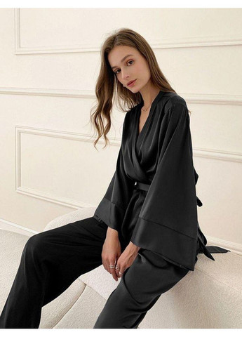 Черная всесезон пижама атласная kimono ( кимоно ) женский домашний пижамный комплект в классическом стиле рубашка брюки рубашка + брюки No Brand Піжама атласна з штанами Кімоно синя