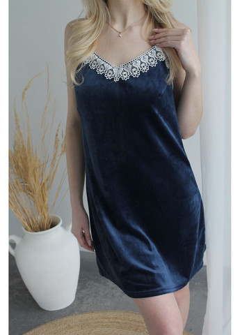 Синій демісезонний оксамитовий домашній комплект халат та сорочка Vakko