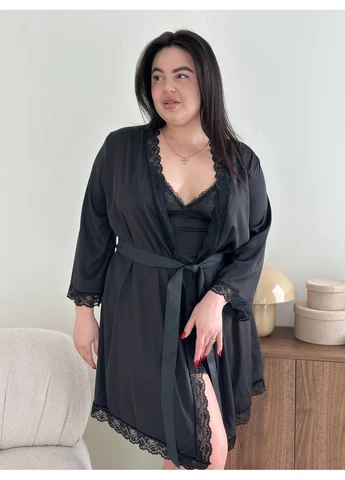 Черный демисезонный халат с кружевом + пеньюар plus size No Brand