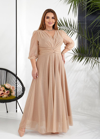 Бежевое праздничный, коктейльное, вечернее вечернее платье с блестками клеш, колокол, в стиле ампир No Brand однотонное