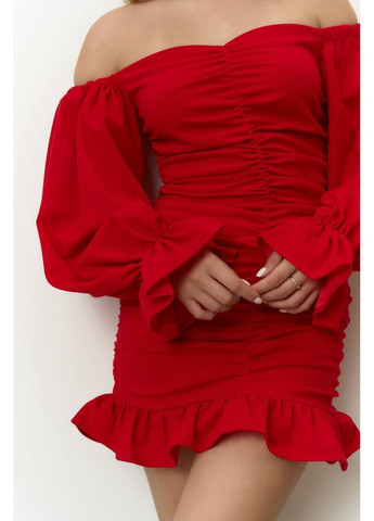 Червона святковий, коктейльна, вечірня міні сукня з відкритими плечами силуетна Україна однотонна