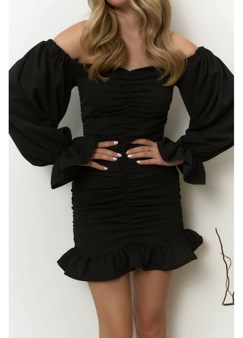 Чорна святковий, коктейльна, вечірня міні сукня з відкритими плечами силуетна Україна однотонна