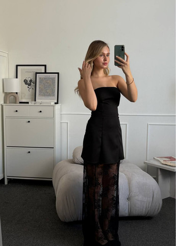 Чорна святковий, коктейльна, вечірня сукня зі знімною мережевною спідницею з відкритими плечима Україна однотонна