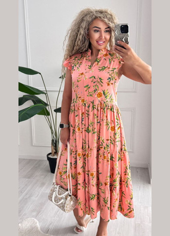 Персиковое повседневный, кэжуал женское платье Україна с цветочным принтом