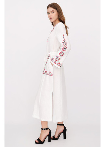 Білий довга жіноча сукня з льону під пояс з квітковою вишивкою та довгим рукавом людмила., р., код 0480/42/331 ГАЛЕРЕЯ ЛЬОНУ