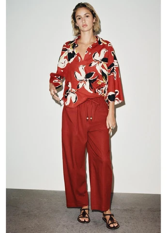 Брюки из льна со шнурком и бусинами Zara (377523023)