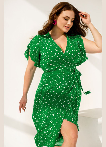 Зеленое повседневный яркое женственное платье на запах No Brand в горошек