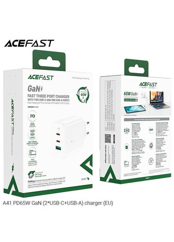 Зарядное устройство GaN A41 3 выхода 2*TypeC и 1*USB 65W белое Acefast (293345351)