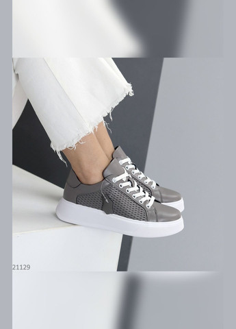 Темно-сірі осінні шкіряні жіночі кросівки No Brand