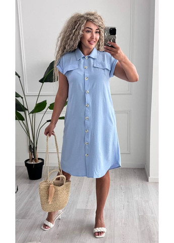 Голубое платье американский креп жатка на пуговицах с карманами и поясом Україна