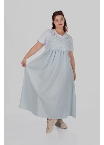 Голубое женский льняной сарафан миди plus size с широкими бретелями и растительным принтом TinDay