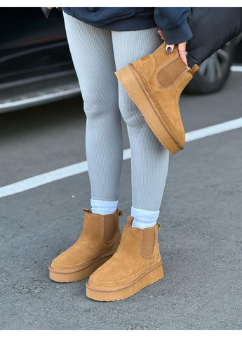 Женские замшевые угги на платформе зимние осенние короткие натуральная замша искусственный мех бежевые ботильоны челси No Brand бежевые зима (362961339)