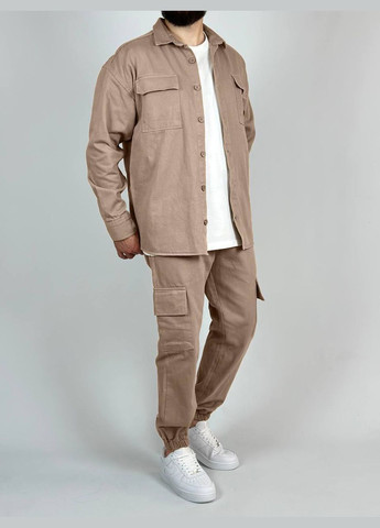 Бежевий демісезонний стильний бежевий костюм 2 з якісної тканини: джинс-бенгалін, трендовий костюм двійка (сорочка+штани) No Brand 403
