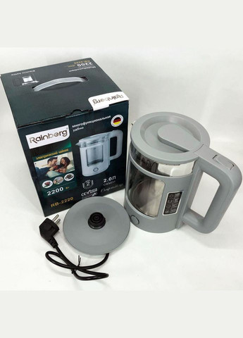 Електрочайник RB-2220 скляний дисковий прозорий. Чайник із підсвічуванням 2200 Вт. Колір: сірий Rainberg (364664954)