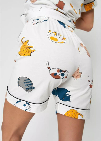 Белая всесезон женская пижама тройка домашний комплект 3 в 1 с принтом котиков стильный комфортный набор рубашка + шорты + брюки рубашка + шорты + брюки Cindylove