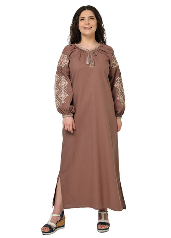 Коричневая платье-вышиванка соломия (мокко) Golfstream свободная лен (292653111)