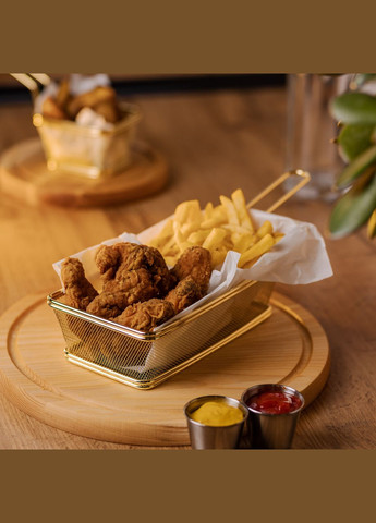 Кошик сервірувальний 21×11.5×5.5 см для подачі картоплі фрі та снеків з ручкою Золота HP-19-11-G Zhongjing (370707490)