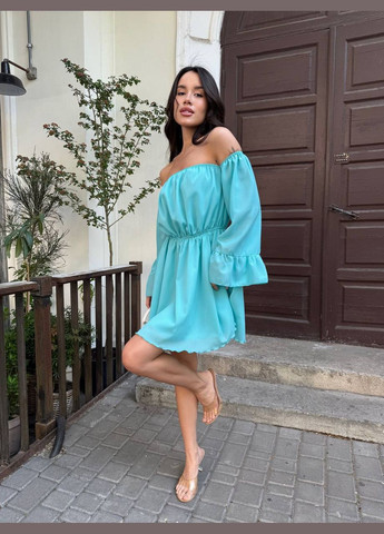 Бирюзовое повседневный женское платье мини с открытыми плечами и объемными рукавами с открытыми плечами MonCher