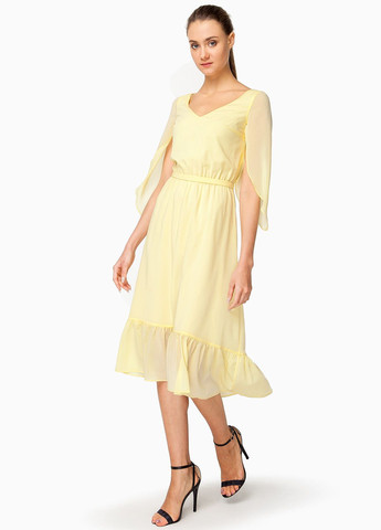 Світло-жовтий повсякденний, коктейльна сукня міді з легкого шифону кльош, а-силует Nai Lu-na by Anastasiia Ivanova однотонна