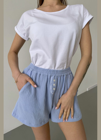 Синя всесезон піжамний комплект жіночий футболка біла та шорти муслінові футболка + шорти German Volf