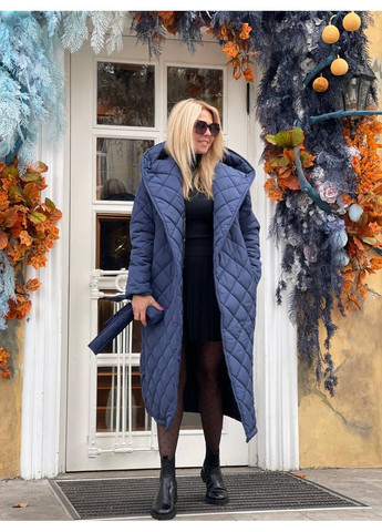 Синее демисезонное Женское длинное пальто с капюшоном. Україна