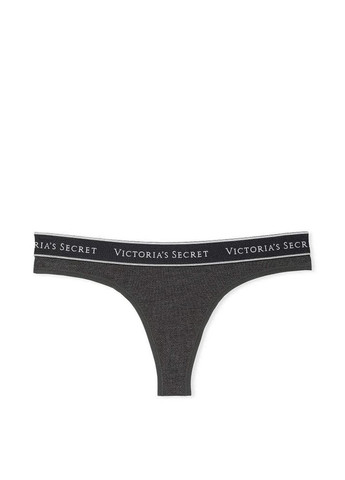 Трусики-стринги женские хлопковые с логотипом Logo Cotton Thong Panty темно-серые Victoria's Secret (341106457)