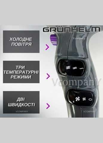 Профессиональный мощный фен для волос, фен стайлер, фен для волос с насадками 2200Вт Grunhelm (333824293)