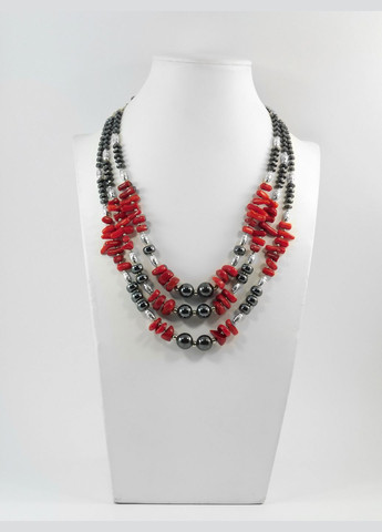 Эксклюзивные бусы "Пересвет" Коралл игла, крошка, Гематит, рондель, 3-ряды Fursa fashion (322313610)