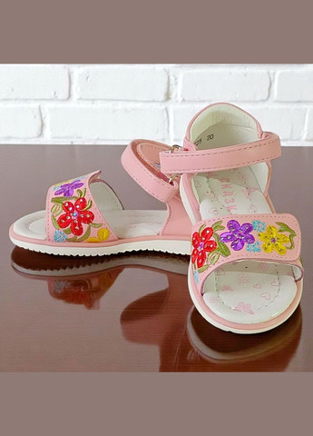 Розовые ортопедические босоножки открытые для девочки сандалии на липучках Сказка со стразами, с цветами