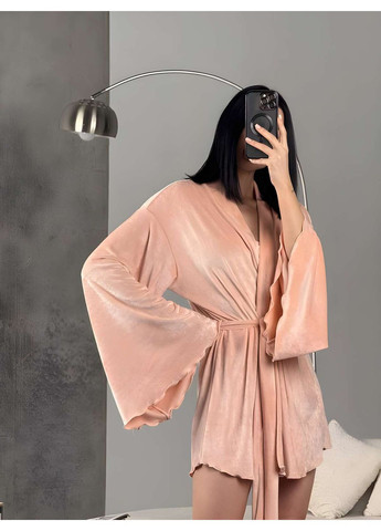 Жіночий короткий велюровий халат міні кімоно із широкими рукавами персиковий Україна (371372771)