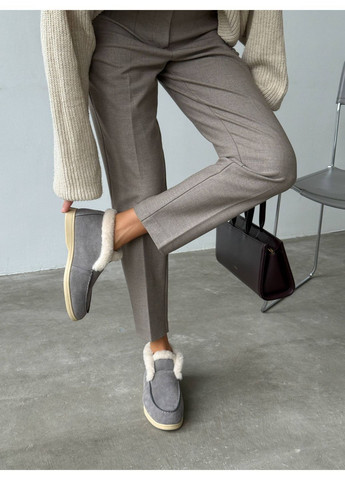 Жіночі зимові лофери з натуральної замші з хутром, сірі, на низькому ходу No Brand (365755992)