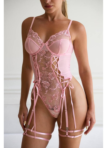 Рожеве мереживне боді з підв’язками / Еротичний прозорий корсет із вишивкою / Ніжна жіноча білизна з атласними стрічками 💗 No Brand (364487197)