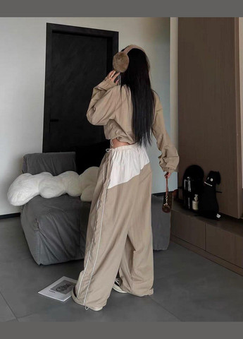 Женский стильный бежевый оверсайз костюм кофта с брюками плащевка лето стильный трендовый в корейском стиле No Brand костюм (293337345)