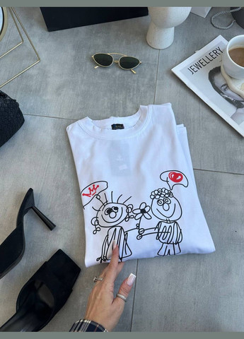 Белая oversize футболка с весёлым рисунком на груди No Brand 348 - (338537801)