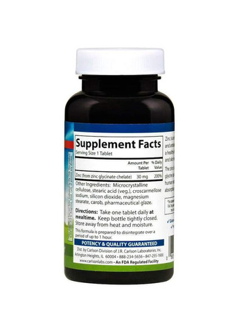 Цинк хелатний Carlson Chelated Zinc 30 мг 250 таб Carlson Labs (359473703)