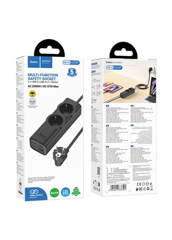 Мережевий подовжувач 2-position (PD67W/3C1A) desktop socket (EU/GER) Black (6942007638500) Hoco NS10 Wisdom (372676438)