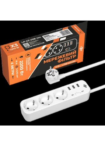 Мережевий фільтр PREMIUM LP-X3 USB 4 м White (2200 Вт) LogicPower (338198731)