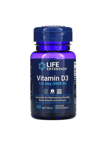 Вітамін D3 Vitamin D3 125 mcg (5000 IU) - 60 softgels Life Extension (285736258)