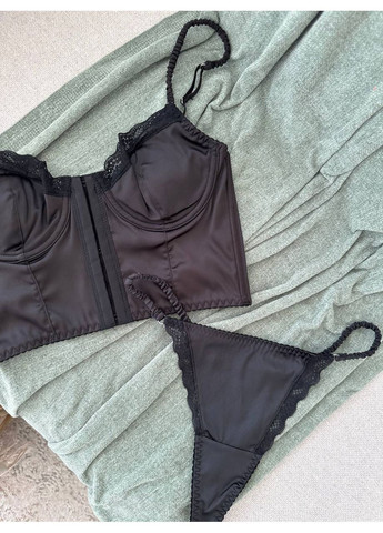 Чёрный балконет женский комплект белья premium: корсетный топ с застежками и высокие трусики, черный Vital-Textile с косточками полиэстер, эластан