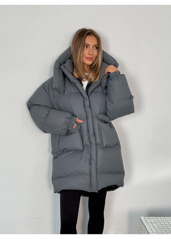 Графітова зимня жіноча куртка пуфер beze long з кишенями і знімним капюшоном (mil591) milirud