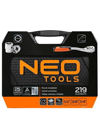 Набір інструментів (1/2", 3/8", 1/4", 219 предметів) торцеві головки з трещіткою (23923) Neo Tools (271960925)