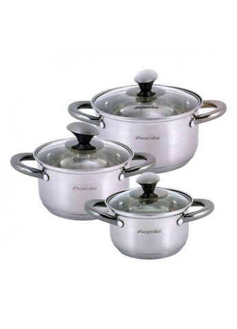 Набір каструль з нержавіючої сталі 6 предметів для індукції і газу (1.0 л, 1.5 л, 2.0 л) KM-4926 Kamille (346600503)