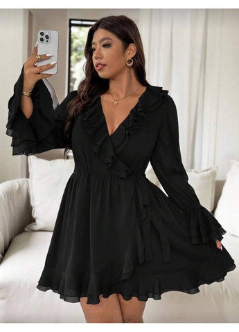 Чорна святковий, повсякденний, кежуал жіноча сукня з воланами на запах Style Point однотонна