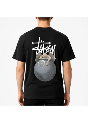 Черная мужская футболка белая с фирменным принтом – свободная посадка, streetwear стиль Stussy Футболка