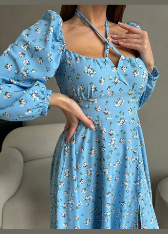 Голубое кэжуал женское платье софт No Brand с цветочным принтом