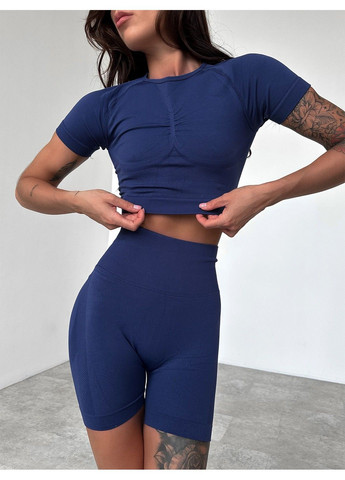 Женский спортивный комплект двойка для фитнеса - кроп-топ и шорты с пуш-ап эффектом, бесшовный, Classic, (темно-синий), L FITCRUSH (338379725)