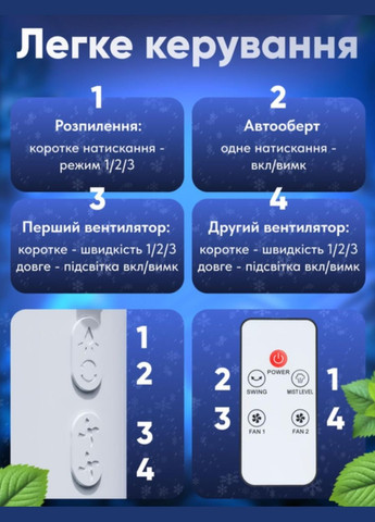 Портативный вентилятор двойной с увлажнением и подсветкой настольный аккумуляторный с пультом No Brand (345701935)