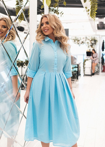 Голубое деловое платье-рубашка из батиста клеш No Brand однотонное