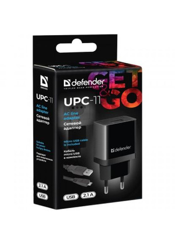 Зарядний пристрій UPС11 1xUSB,5V/2.1А, кабель micro-USB (83556) Defender upс-11 1xusb,5v/2.1а, кабель micro-usb (268144706)